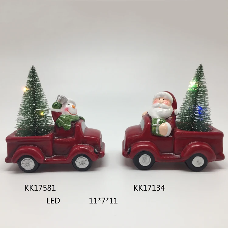 Ceramic Children Gifts Santa Snowman Driving Red Car With Led Lighting