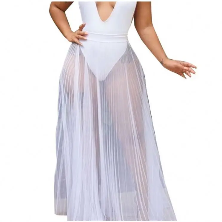 

2019 Women Clothes Pleated Mesh Seaside Maxi Skirt Long Skirts