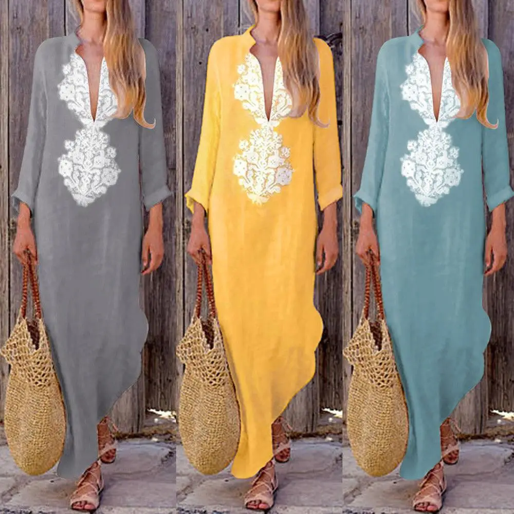

fashion long dress print sexy dress V-neck long sleeved loose cotton linen split dress