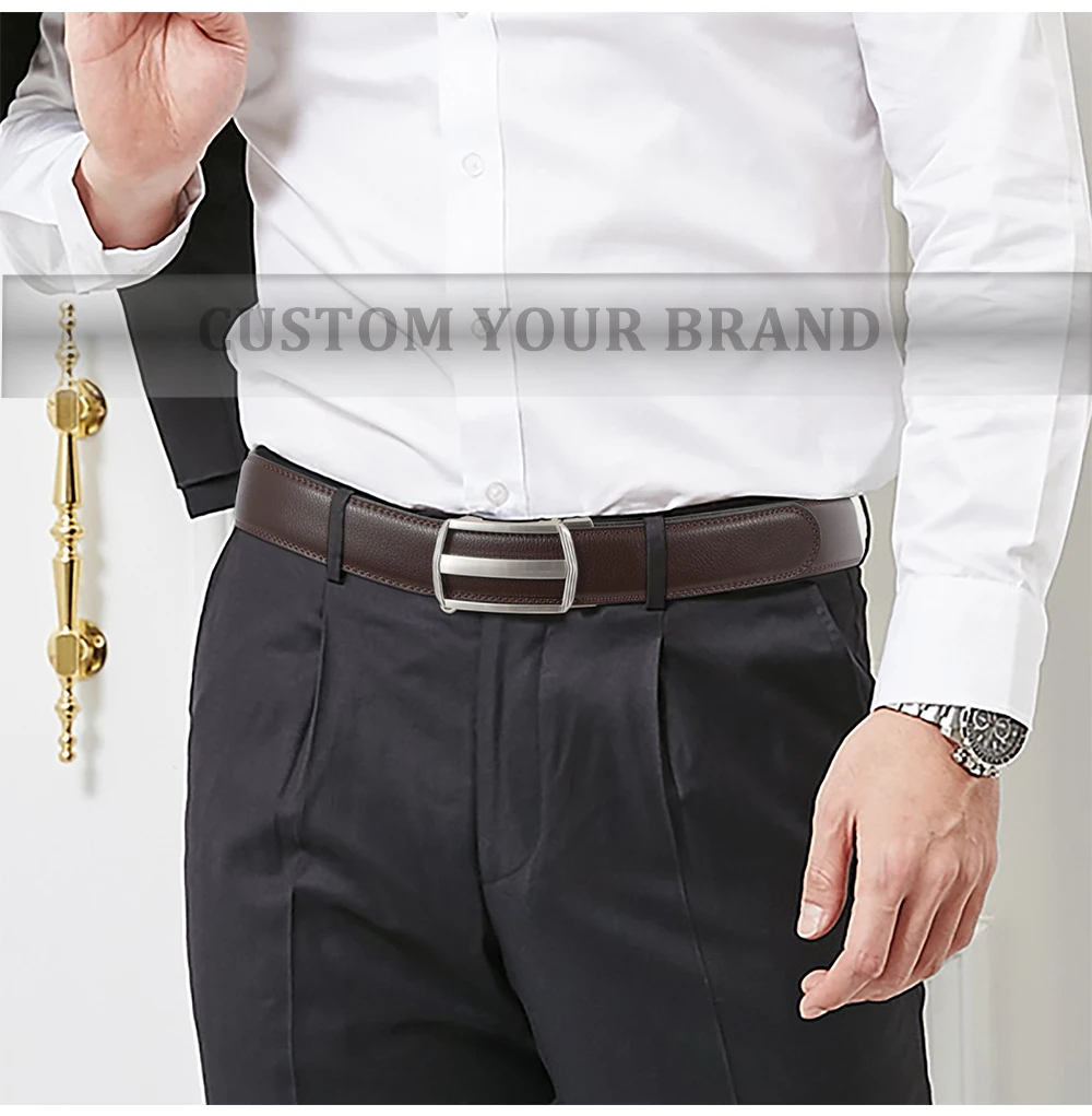 

Luxury Business Casual Custom Branded Black Brown Men Real Leather Belt Automatic Ratchet Alloy Buckle 105-130CM