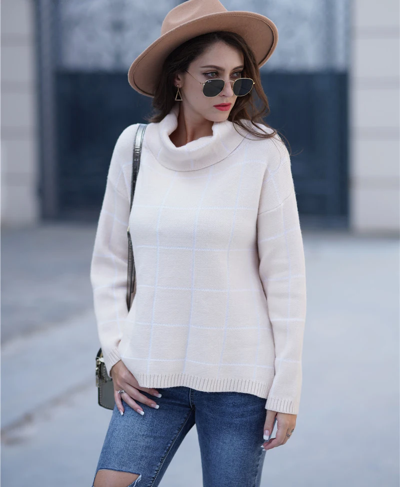 

2021 Hot Sale Women Winter Sweater Factory Wholesale Womens Plaidn Pullover Turtleneck Sweater