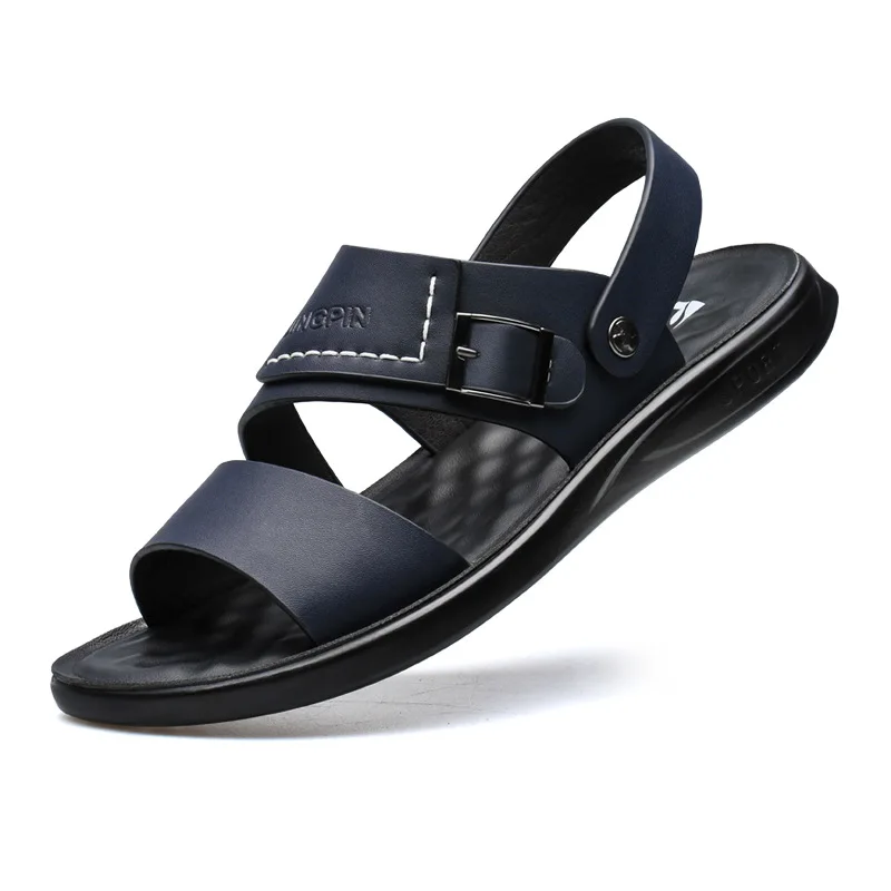 

2021 New Sandals Men's Summer Leather Men's Beach Shoes Casual Non-slip Outdoor Sandals And Slippers, 56204 blue, 56204 black