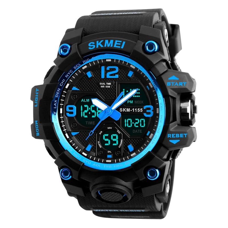 

SKMEI 1155B New Big Case Hot Selling Electronic Waterproof Dual Time Analog Sports Fitness Digital Wristwatch