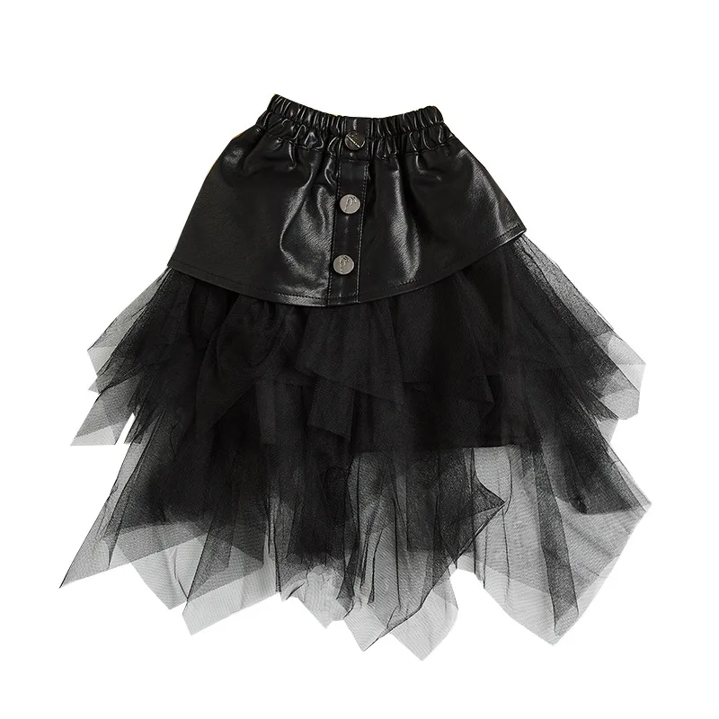 

A151S2565 new arrival summer spring tulle dress infant toddler baby girls black pu leather skirt children kids clothing sets