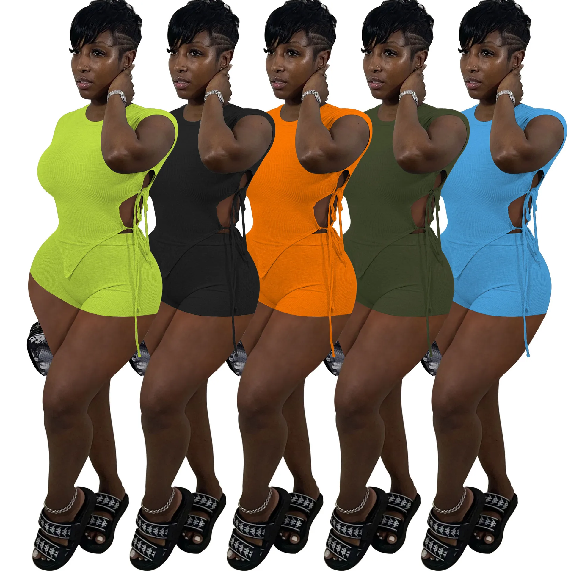 

OR-FA8080 Summer women's casual suit with sexy hollow out bandage and shorts casual 2 piece set, Black, fluorescent green, military, orange, light blue
