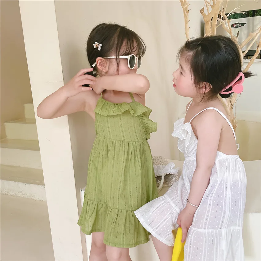 

0516AA253828 summer infant toddler girls' dresses suspenders white Kids clothing Korean design cotton casual outfit