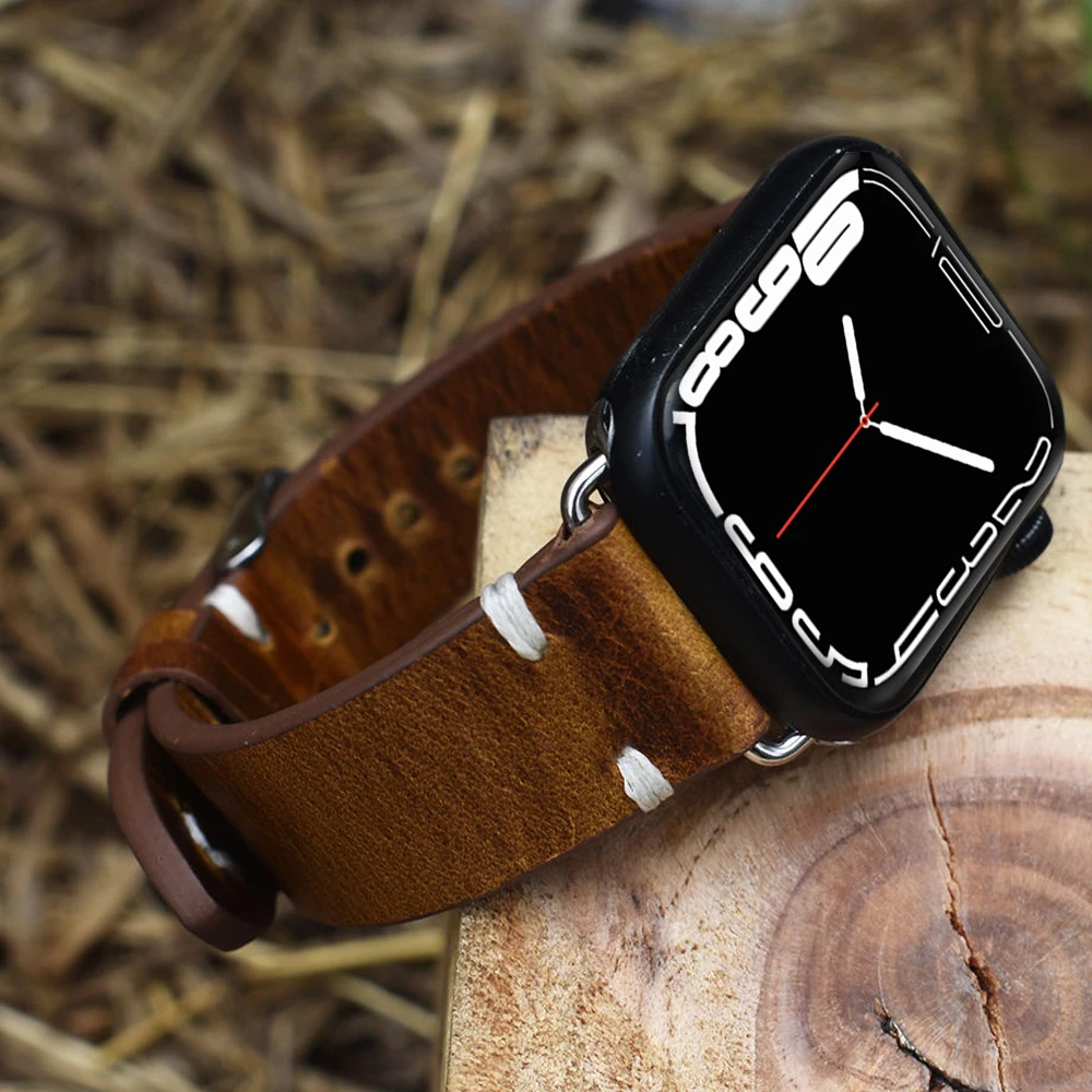 

Sport genuine Leather Replacement Strap for Apple Watch Band 44mm 45mm 41mm 42mm 40mm 38mm for iwatch series 6 7 5 4 bands loop, 5 colors