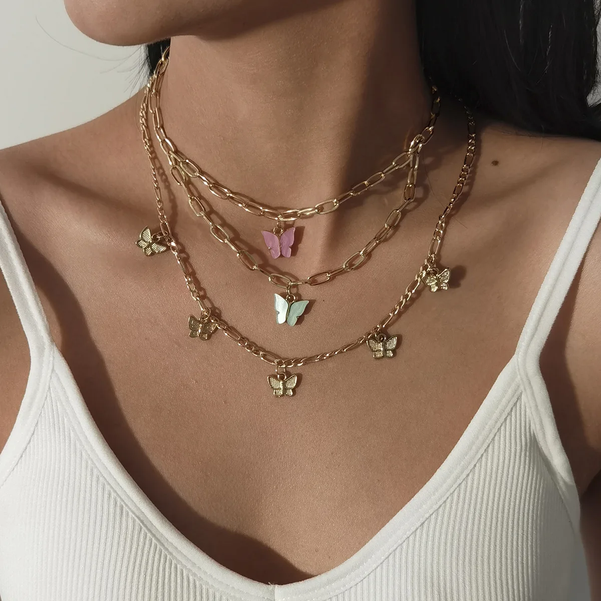 

Hot selling 2021 american popular women temperament color small butterfly tassel acrylic necklace set, Picture shows
