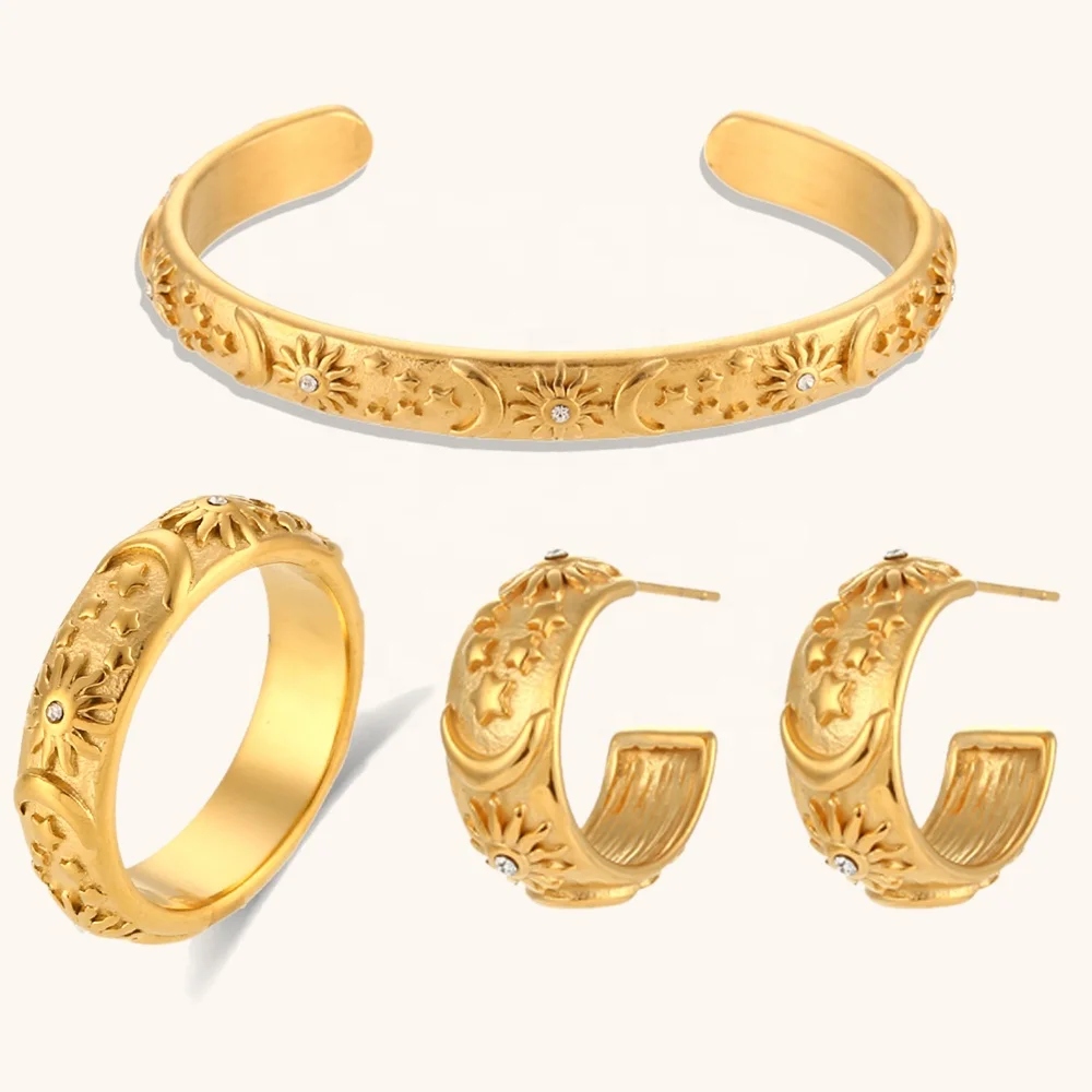 

Ding Ran Engraved Sun Moon Star Jewelry Set 18k Gold Plated Stainless Steel Zircon Bracelet Earring Ring Set
