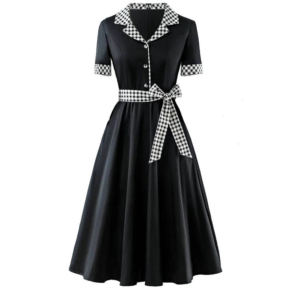 

New Arrival 3/4 Long Sleeve Vintage Plaid Black Spring Midi Ladies Dress, Picture