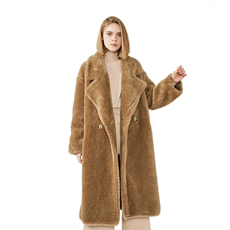 

New Design Factory Custom Fashion Fur Winter Long Women Lambs Wool Coat Lamb Shearing Coat