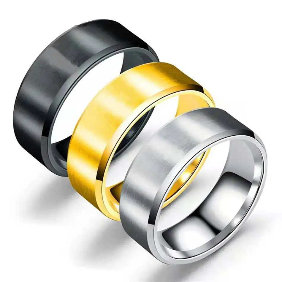 

wholesale custom engrave gold plated brushed matte blank frosted stainless steel punk rings men, Gold, silver, gun black