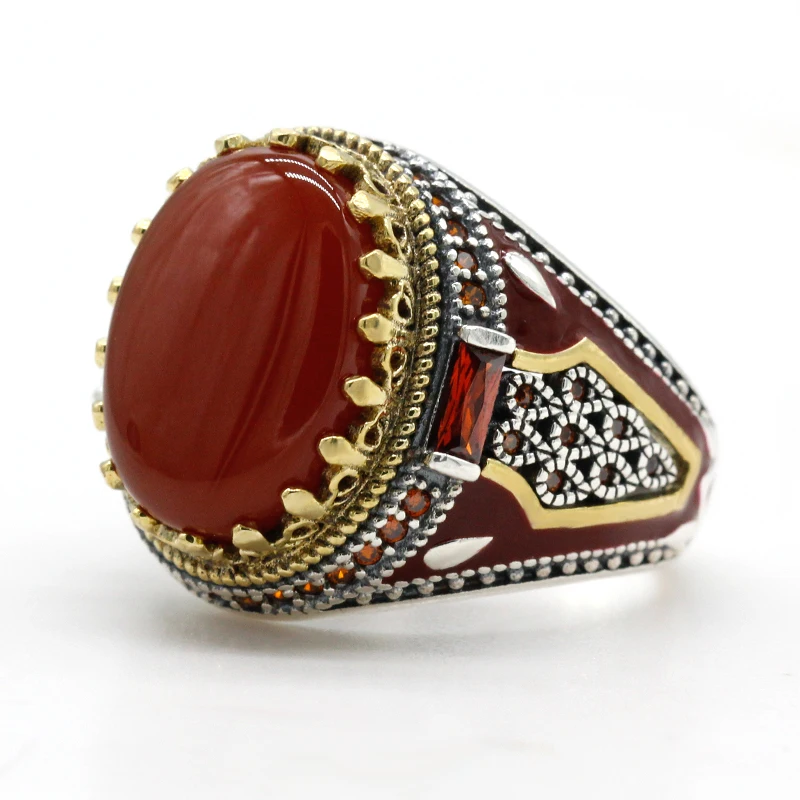

Men Ring with Red Natural Agate Stone 925 Sterling Silver Vintage King Crown CZ Enamel Rings for Women Male Gift