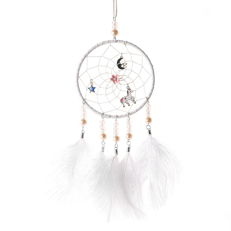 

Girl Heart Dream Catcher Unicorn Handmade Hanging Decoration Craft Creative Gift Car Pendant Bedroom Decoration Bead Feather, White