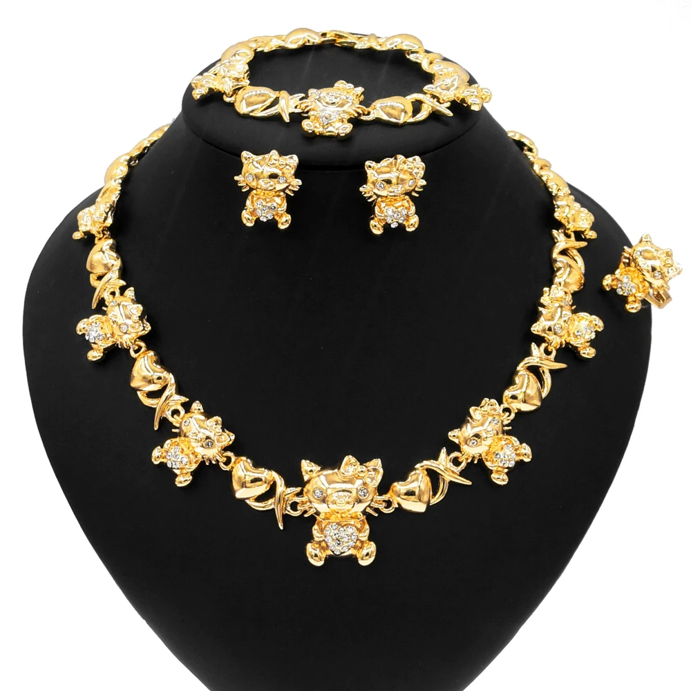 

Yulaili Fashion Jewelry Set Gold Plated KT Cat Necklace Bracelet Earring Ring Set Brazil Wholesale Popular Zircon Jewelry Sets