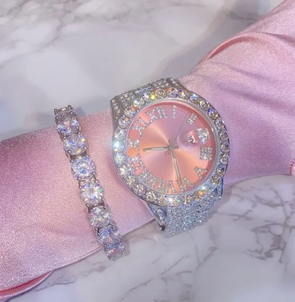 

2021 New Hip Hop Jewelry Watch Iced Out Rhinestones Quartz Watches Pink Purple Blue Dial Roman Numerals Watches, Silver,gold,rose gold