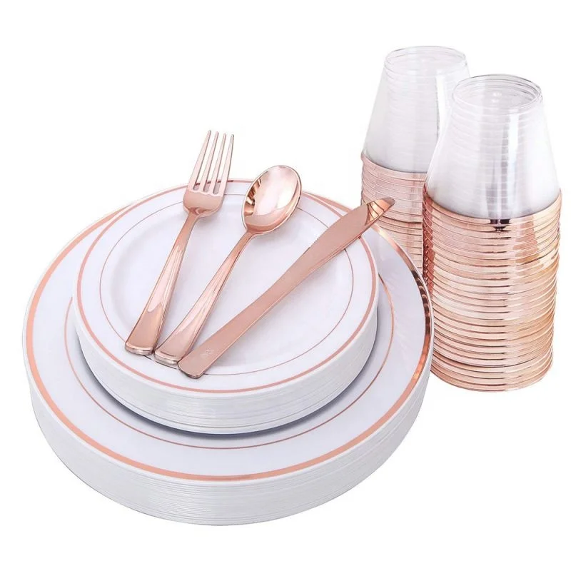 

Hot Selling Living Art Durable PS Disposable Unbreakable Rose Gold Plastic Cutlery Set Spoon And Fork for Party, Rose gold/customized color