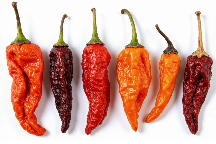 Close-up comparison of dried guajillo chile peppers next to common substitutes showing color and shape differences