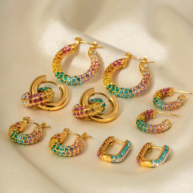 

Chunky Colorful Zircon Inlaid Hoop Earrings Rings 18K Gold Plated Stainless Steel Statement Earrings Jewelry Sets