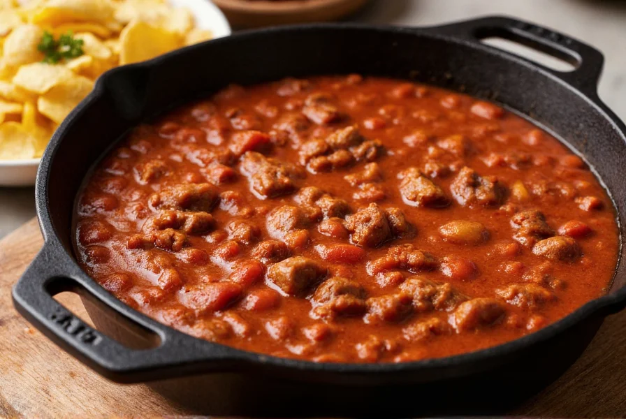 Texas-style no bean chili in cast iron pot with meat chunks and rich red color
