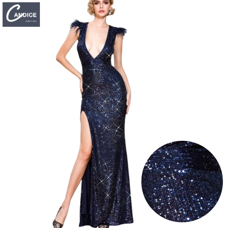 

Candice Haute couture elegant sleeveless deep v neck bodycon high split dinner gown evening dresses with feathers for woman