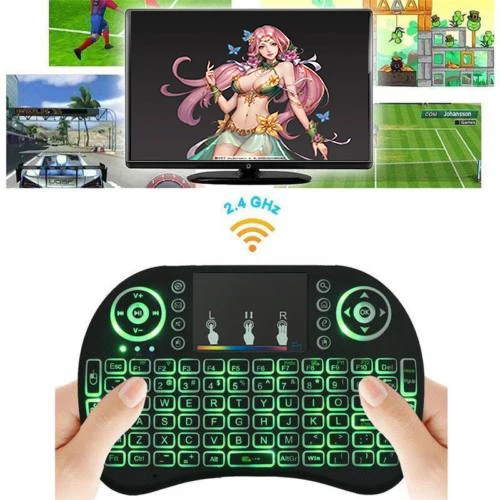 

i8 Backlight 7 Colors 2.4GHz Mini Wireless Keyboard Touch Pad i8 Air Fly Mouse Backlit Keyboard for Android TV BOX Smart Phone, Black