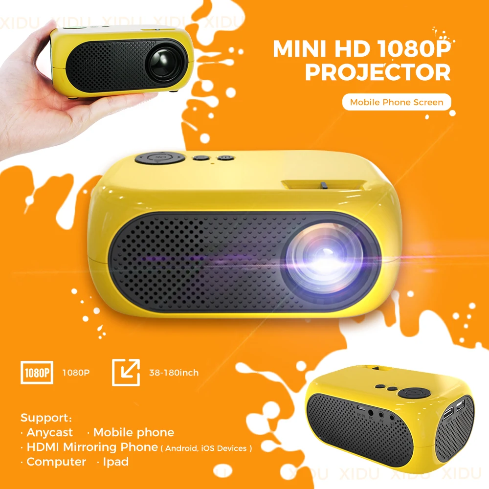 

XIDU G2 Portable Mini Projector Support 1080p Home Theater Full HD Projector for Android/iOS Phone Clearer than YG300, Yellow+white