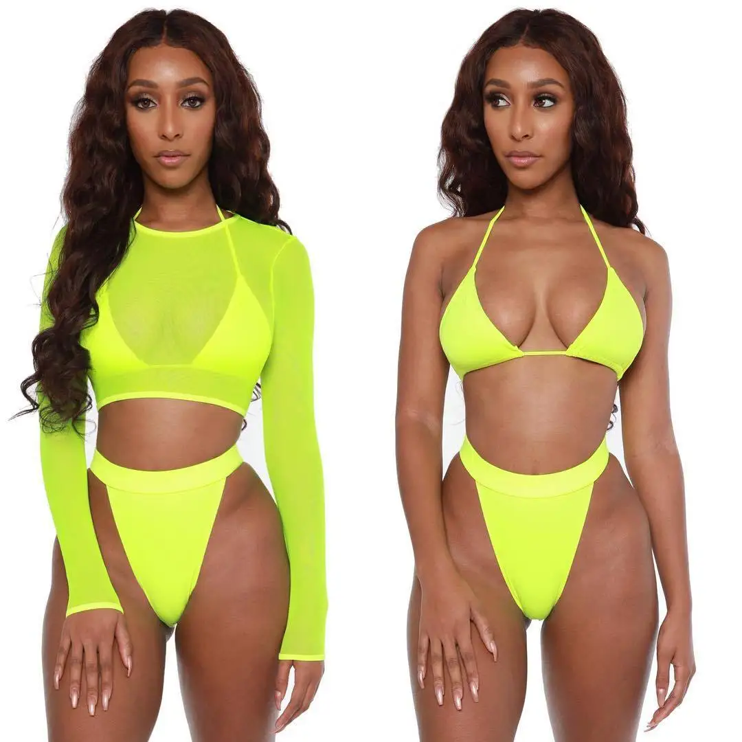 

Hot Sell Fashion Fluorescent Color Sexy Transparent Blouse Bikini three-piece suit, Shown