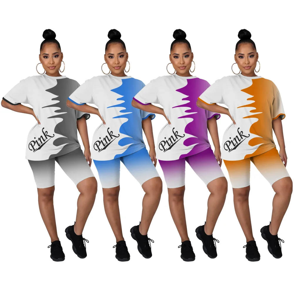 

CX 2021 summer fashion ladies shorts sets gradient flame effect printing short and top two piece casual sport set for women