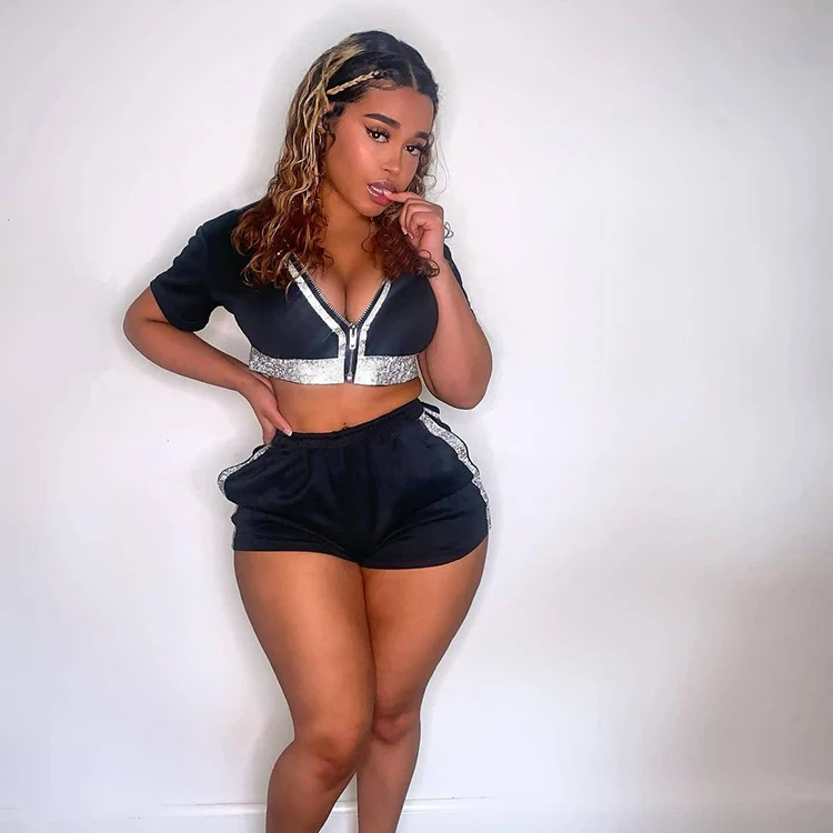 

Summer Sexy Night Club Contrast Color Wear Casual Sport Skinny Zipper Two Pieces Pants Sets -SM, Black,yellow, royal bule