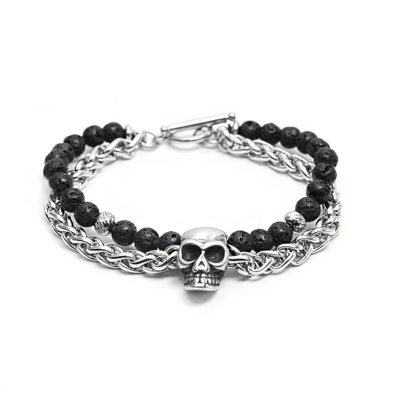 

2021 fashion new men's punk personality jewelry stainless steel chain bracelet volcanic stone skull bracelet, Golden