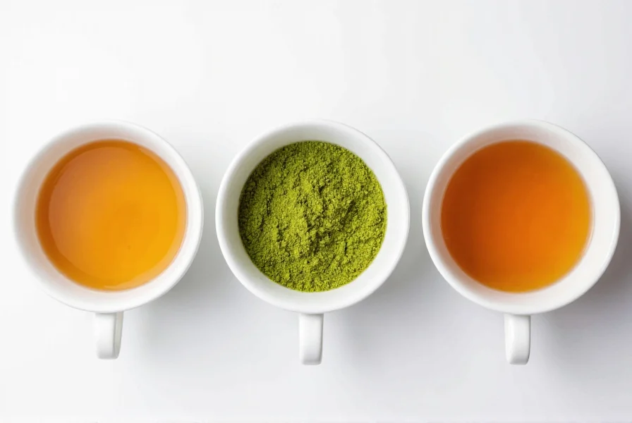 Three teacups showing different herbal tea colors: golden cinnamon clove tea, green matcha, and amber ginger tea