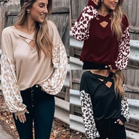 

Hot sell Women Fashion Long Sleeve Top Blouse Ladies with criss-cross splice Leopard Print V-Neck Shirt with Sleeves shirt