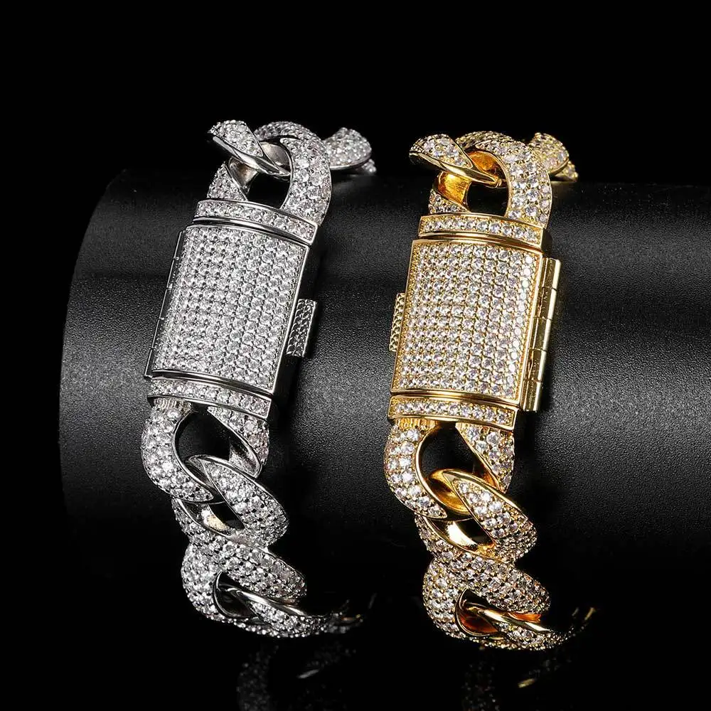 

NUOYA Wholesale 14mm Gold Plated 5A CZ Iced Out 3 rows Diamond Hip Hop Cuban Link Bracelet, Gold/silver