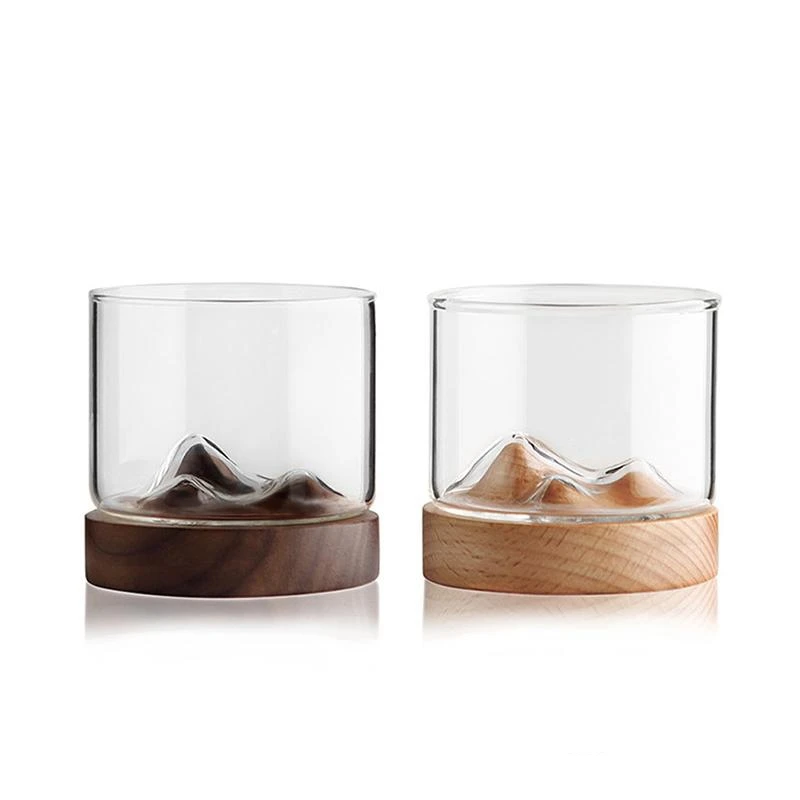 

M265 Mountain Shape Glass Whiskey Glass Spirits Cup Bar Club Tools Whisky Lover Gift Spirits Glass With Wood Tray