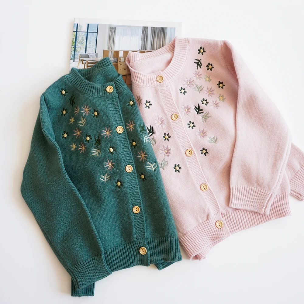 

91110540 toddler baby girls sweater cardigan green christmas embroidery flower fall wholesale children's clothing boutiques