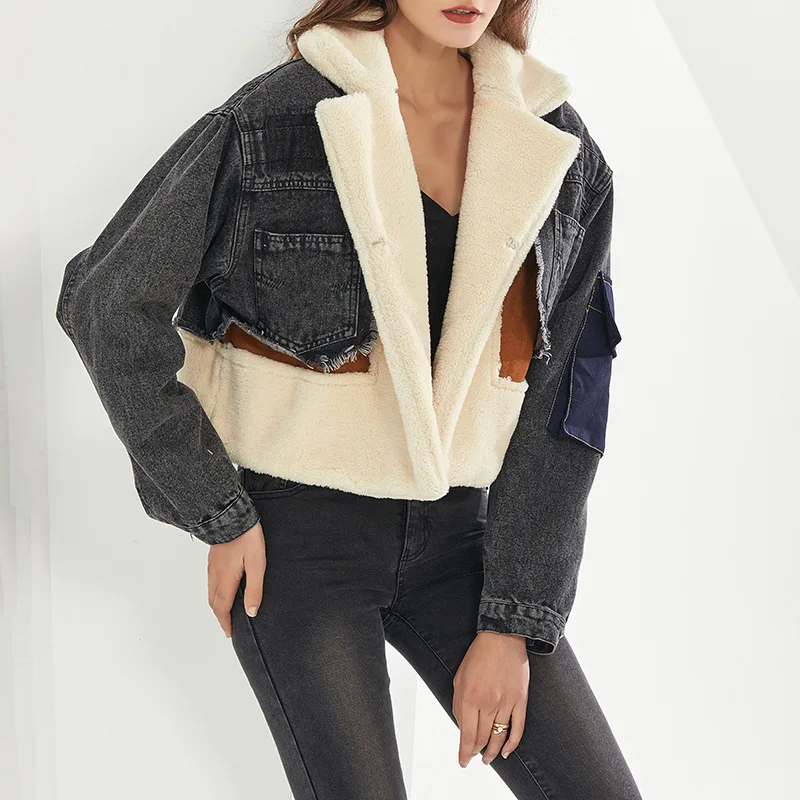 

2021 women winter fashion jacket wholesale high street women contrast suede denim jacket women sherpa jacket