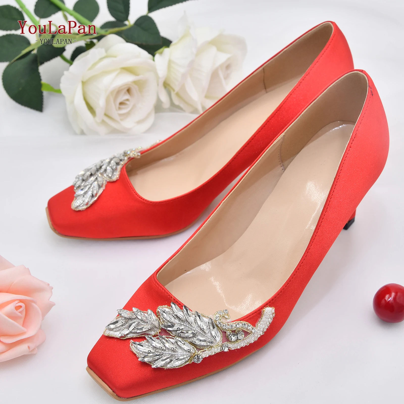 

YouLaPan A30 The New 2021 Elegant Red Satin Rhinestones Wedding Heels Bridesmaid Shoes Mother Shoes