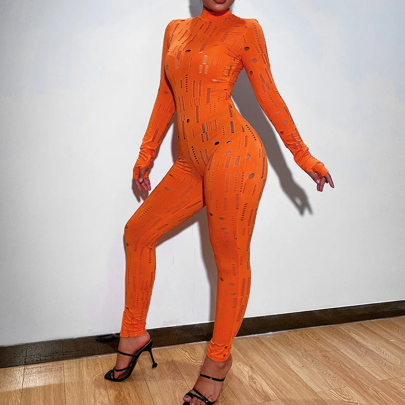 

Trendy Hollow Out Bodycon Women One Piece Orange Color jumpsuits Long Sleeve