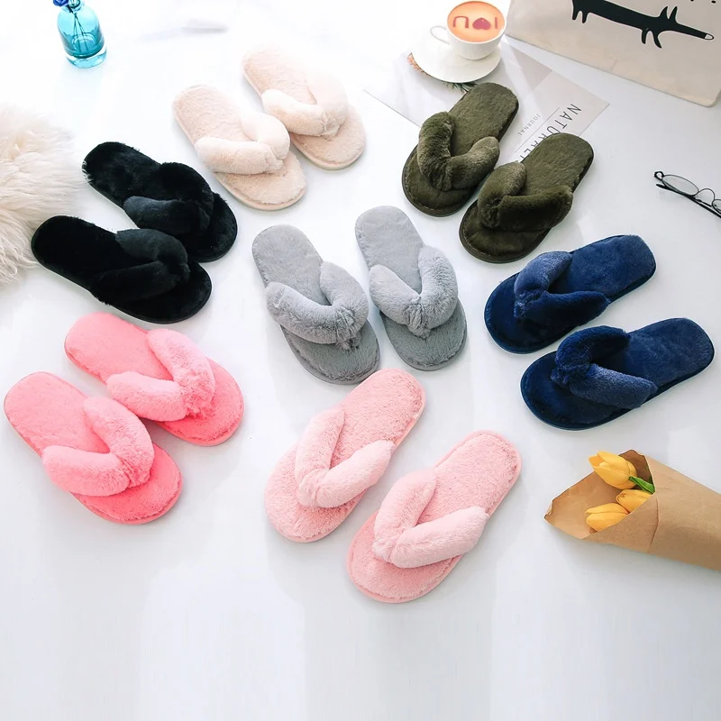 

INS Hot Design Fuzzy Comfortable Furry Spa House Shoes for ladies Cozy Thongs Slip On Flip Flops Women Fur Slipper