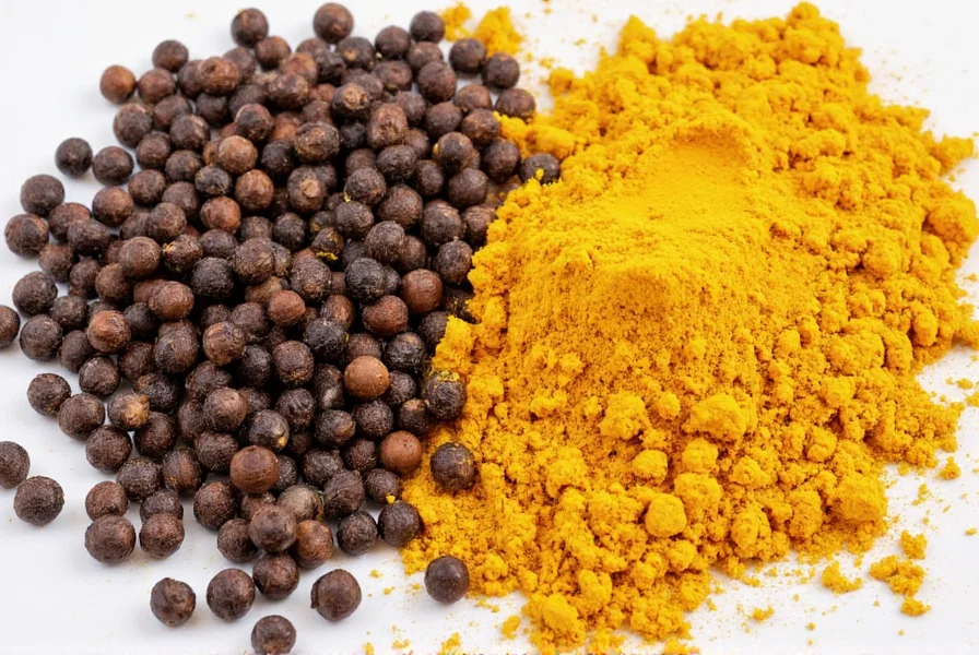 Healthy food preparation showing turmeric and black pepper being added to a meal