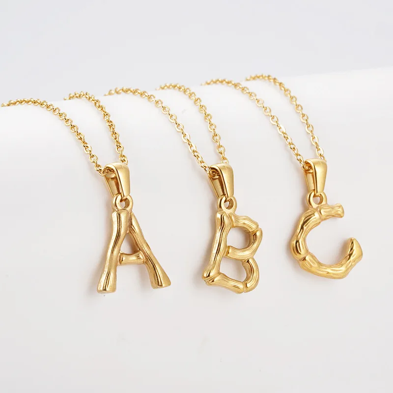 

Best Selling Gold Plated Stainless Steel Bamboo Initial Pendant Necklace Titanium Steel Alphabet Initial Necklace For Party