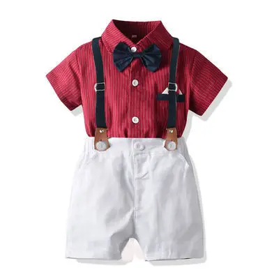 

Boys' Suit Summer Gentleman British Suspender Shorts Kids Stripe Bow Tie Shirt 2pcs Baby Year Dress