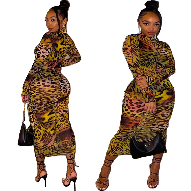 Wholesale Fashion Leopard Bodycon Sexy Fall And Winter Long Sleeves Women Maxi Dress Woman Casual Dresses