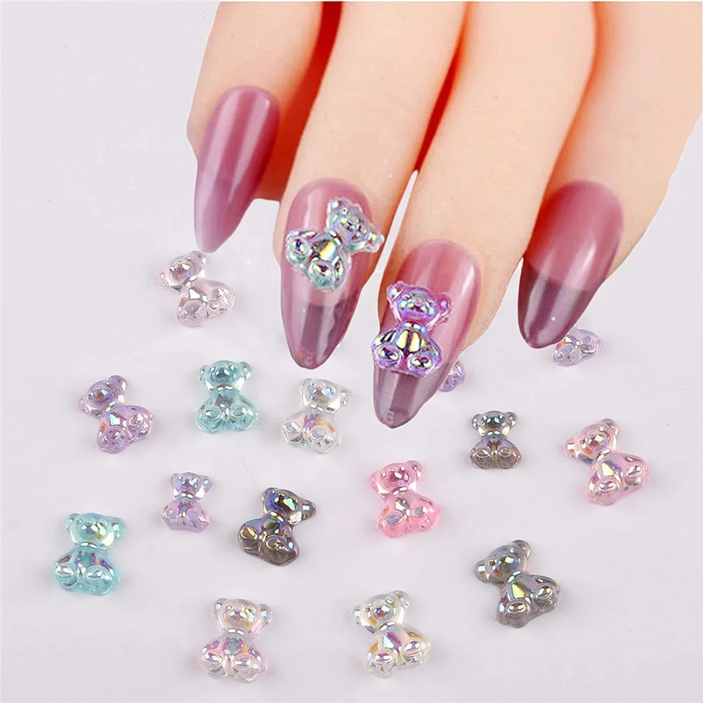 

48 pcs/bag 3D Crystal Aurora Rhinestones in 6 Styles Glitter Jelly Ornaments in 3 Sizes Cute Bear Resin for Nail Art, 8 colors