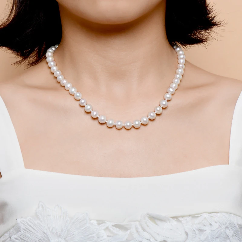 

925 Silver Clasp 6-10mm Freshwater Pearl Necklace Nearly Round White Pearl Beads Chain Trendy Necklace Jewelry