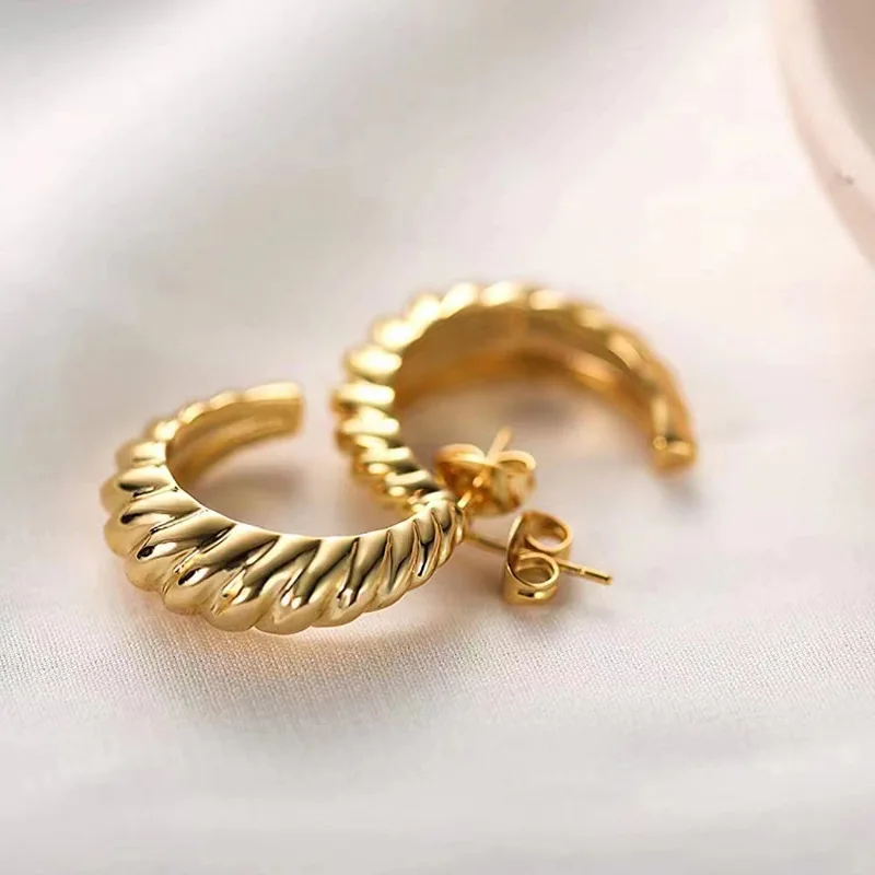 

Fashion Hypoallergenic Jewelry 18k Gold Plated Stainless Steel Earrings Geometric C Shaped Twisted Earrings For Women YF3027