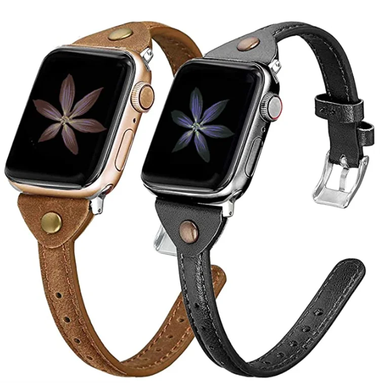 

Thin rivets Top Layer Genuine Leather Watch Leather Wrist Band for Apple Watch 7 6 5 4 3 2 1 SE, Black pink brown rosegold