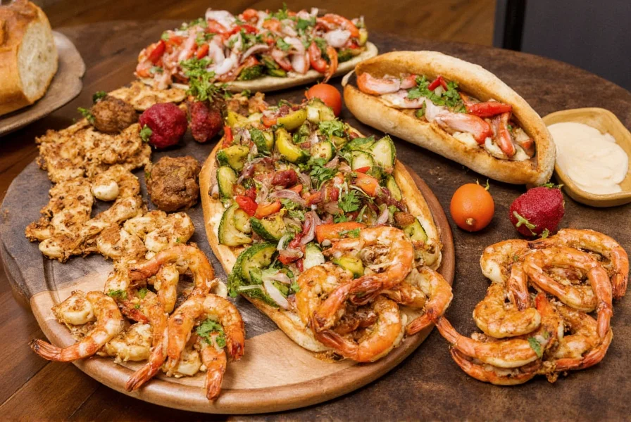 Variety of dishes featuring Calabrian chili aioli including grilled shrimp, roasted vegetables, and sandwiches on wooden platter