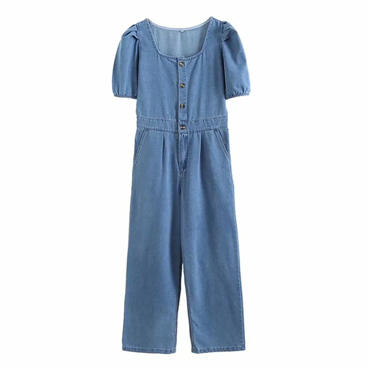 

BMURHMZA2021 spring and summer new women's square collar wide leg bubble sleeve high waist slimming blue denim overalls, Picture